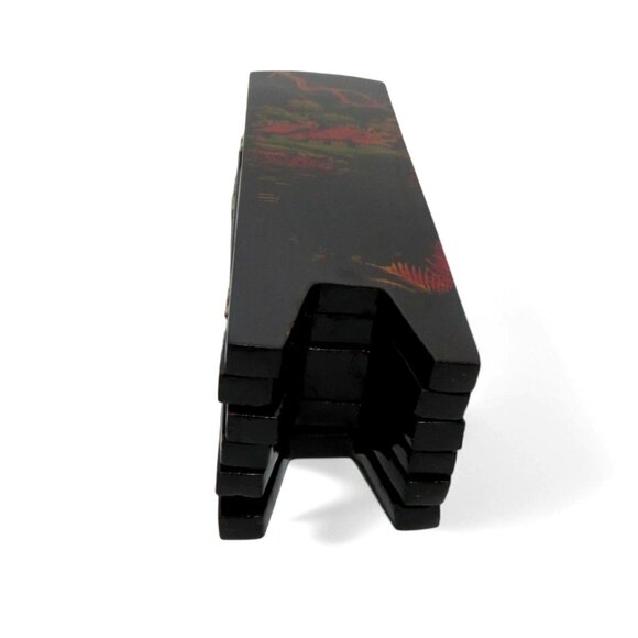 Geisha Mini FOLDING SCREEN Black Lacquer 6 Panel Asian Women Vintage - Picture 12 of 12